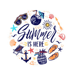 Summer is here hand drawn banner with sun, sunglasses, cocktails. Summer sketch vacation elements illustration