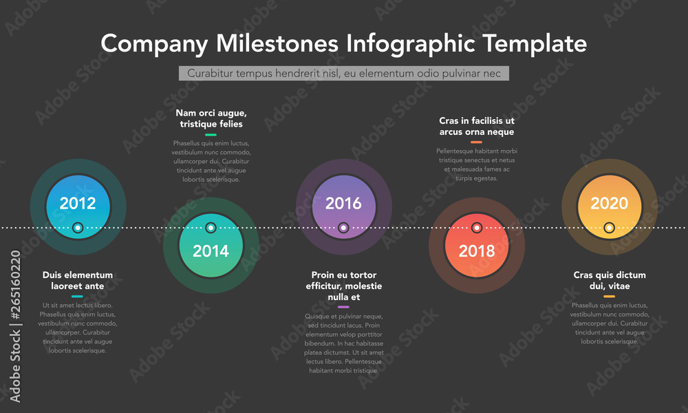 Leinwandbilder modern infographic for company milestones timeline with colorful circles and place for your descript