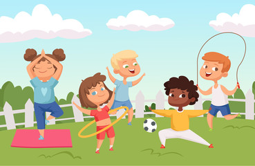 Happy active kids characters. Summer outdoor activity - childhood vector background. Illustration of childhood, boy and girl play