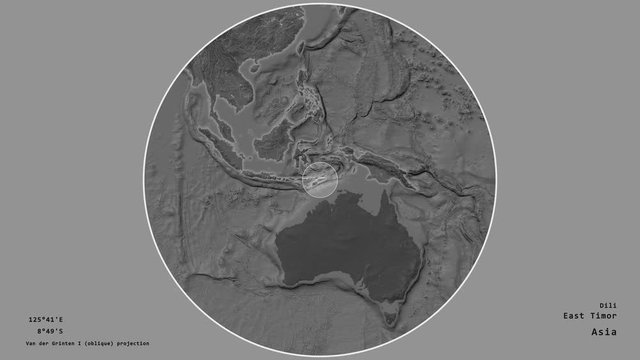 East Timor and its capital circled and zoomed on the global bilevel map in the van der Grinten I projection with animated oblique transformation. Animation 3D