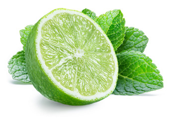 Lime fruit and mint leaves isolated on the white background.