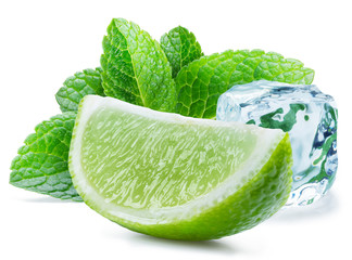 Lime slice, mint leaves and ice cube isolated on the white background.