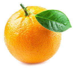 Orange fruit with orange leaf with water drops isolated on white background.