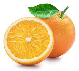 Orange fruits with orange leaves on white background. Clipping path.