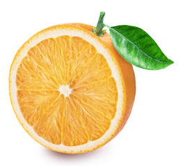 Orange fruit half with orange leaf on white background.  Clipping path.