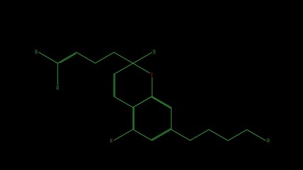 Structural formula of the cannabichromene molecule. Black background