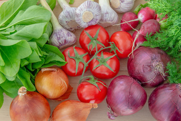 Close-up of fresh vegetables ( tomatoes, onions, radishes, grass, garlic) top view.