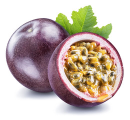Passion fruit and its cross section with pulpy juice filled with seeds. Clipping path.