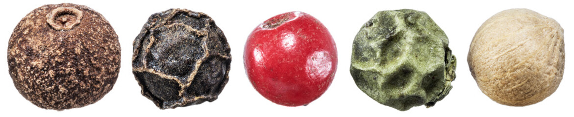 Set of colorful peppercorns isolated on white background.