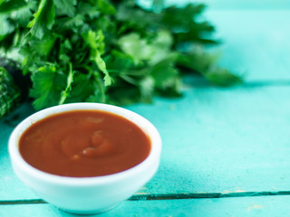 Fresh parsley leaves on wooden background. Top view