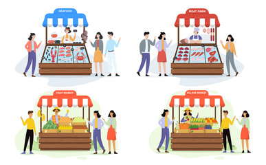 Happy farmer sell fresh organic food from farm set