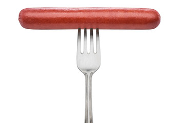 Frankfurter sausage on a fork. File contains clipping path.