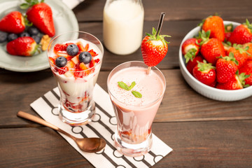 Various Healthy strawberry smoothies in glass