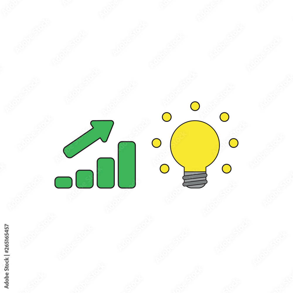 Poster vector icon concept of sales bar chart with arrow pointing up and glowing light bulb symbolizes good