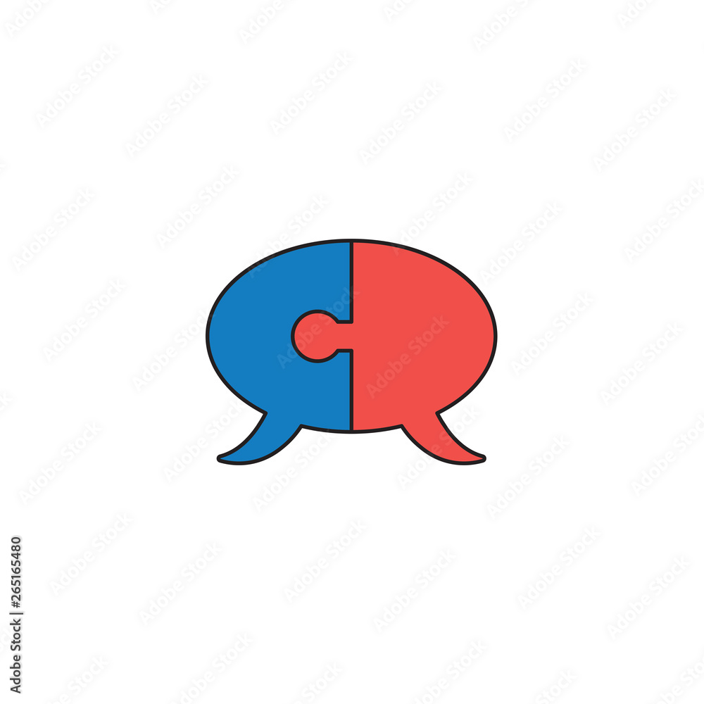 Poster vector icon concept of two part puzzle pieces speech bubbles connected. black outlines and colored.