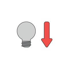 Vector icon concept of light bulb with arrow moving down. Black outlines and colored.