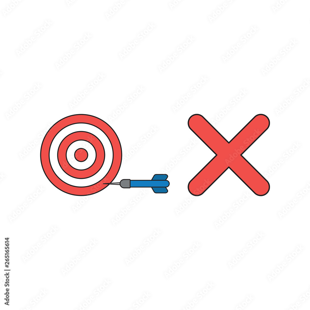 Poster vector icon concept of bulls eye with dart in the side with x mark symbolizes unsuccess. black outli