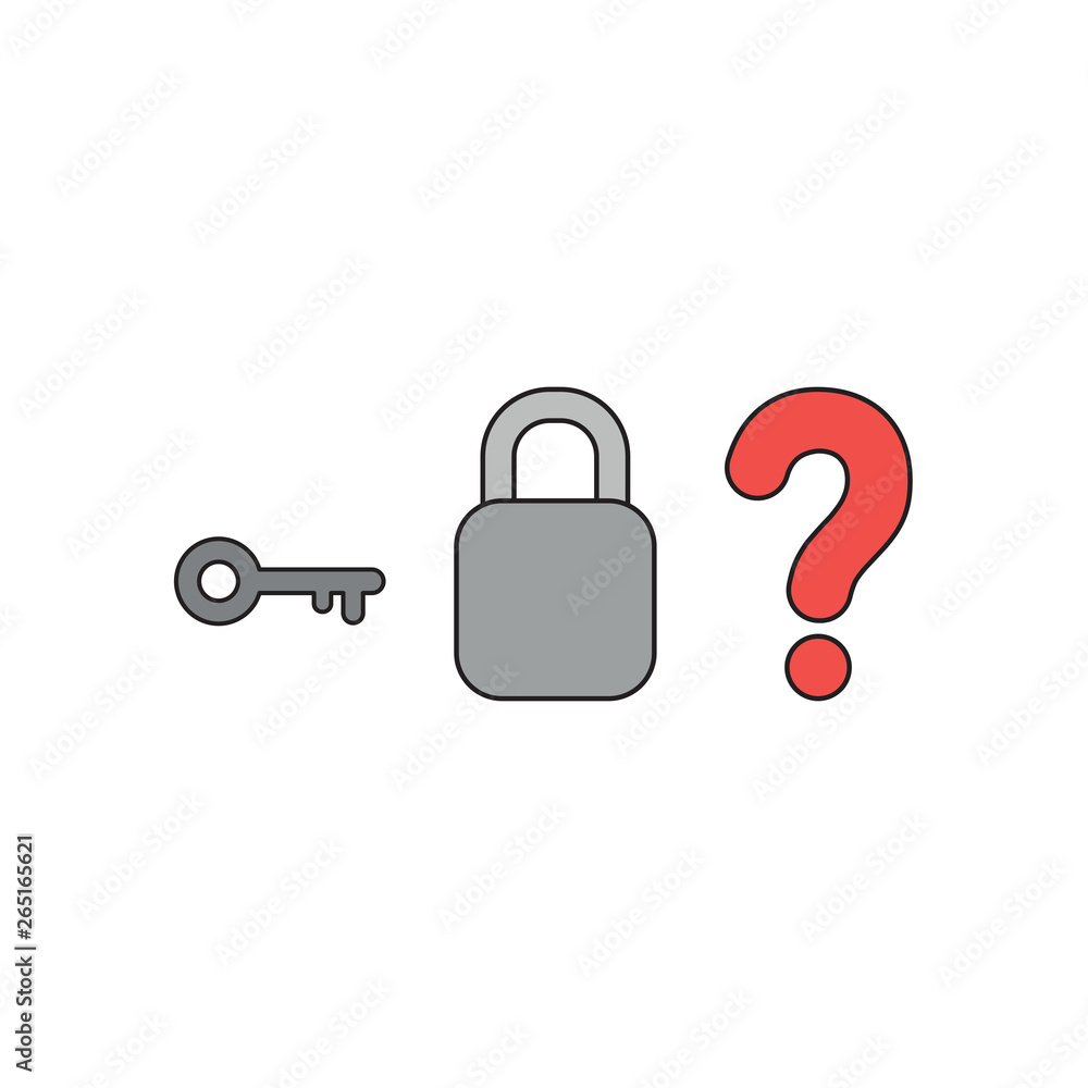 Aufkleber vector icon concept of key with closed padlock without keyhole and question mark. black outlines and