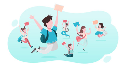 School children set. Collection of kid jumping and having fun