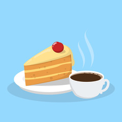 Cup of a hot tea with a tasty delicious peace of a bithday cake