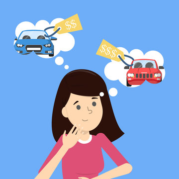 Woman choose car. Customer thinking about transportation