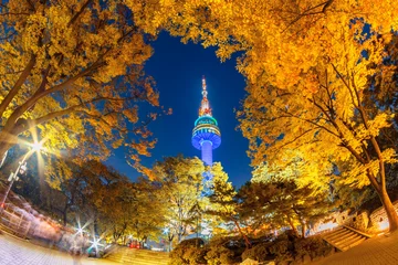 Poster Herfstkleurverandering in Seoul en N Seoul Tower in de herfst & 39 s nachts, Seoul City, Zuid-Korea © Photo Gallery