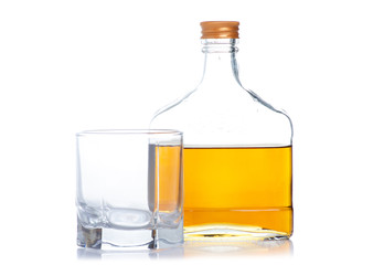 bottle cognac alcohol and glass on a white background. Isolation