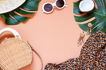 Fashion vacation concept tropical summer flat lay. Top view. Copy space