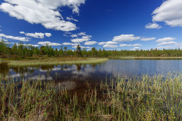 Short summer day over the lake. The clouds are beautifully reflected in the water.