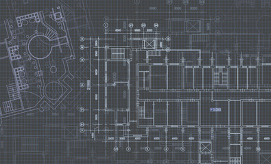 Architectural background with technical drawings. Blueprints plan texture. Drawing part of architectural project.