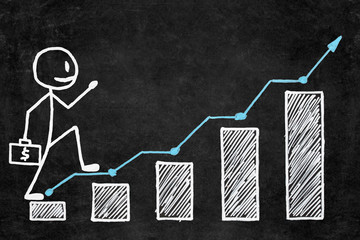 Handwritten white chalk growth graphic on blackboard. Businessman with briefcase of money climbing step by step on business stairs graph with copy space