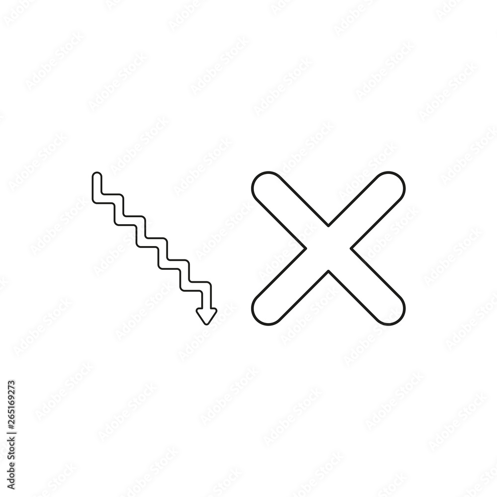 Poster Vector icon concept of stairs with arrow pointing down and x mark. Black outline.