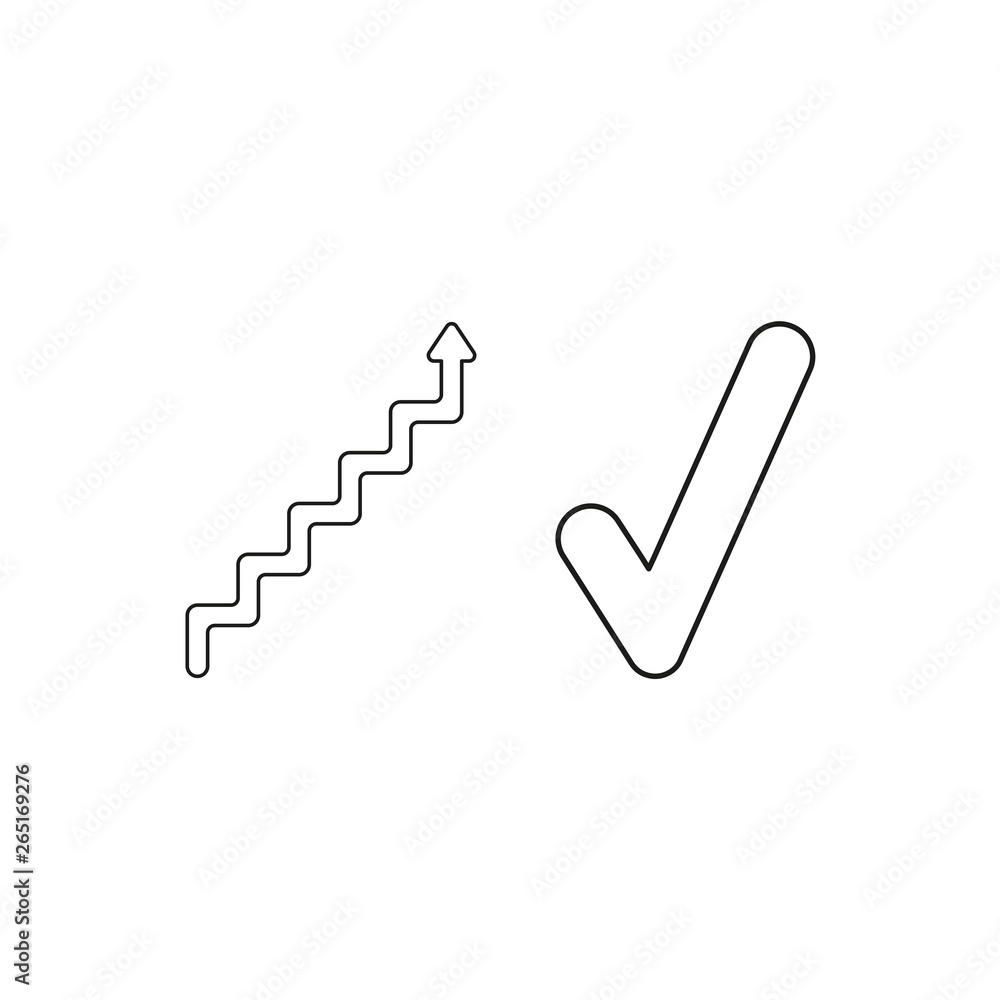 Aufkleber vector icon concept of stairs with arrow up with check mark. black outline.