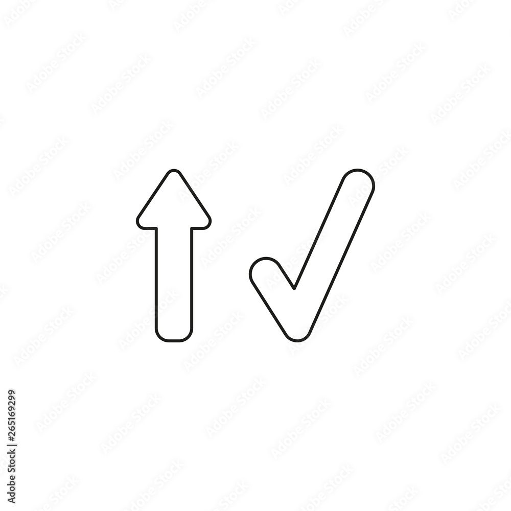 Aufkleber vector icon concept of arrow pointing up and check mark. black outline.