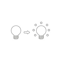 Vector icon concept of grey light bulb and glowing light bulb, bad and good ideas. Black outline.