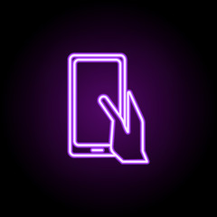 hand holds a tablet neon icon. Elements of media, press set. Simple icon for websites, web design, mobile app, info graphics