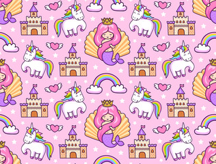 Mermaids, magic unicorns, rainbow and castle. Seamless pattern on a blue background. Print for textile, bed linen, fabric, posters, decor, paper and wallpaper. Vector illustration