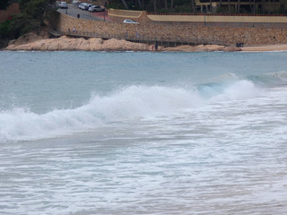 Olas con surfistas rompiendo en la arena de la playa
