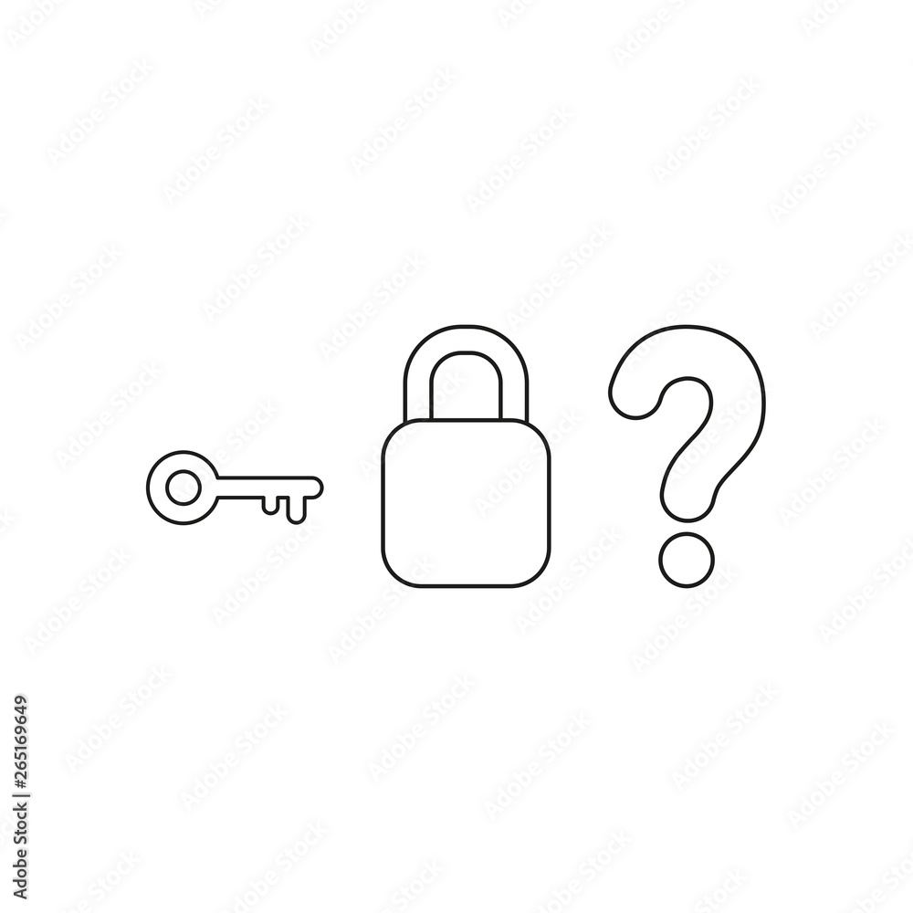 Poster vector icon concept of key with closed padlock without keyhole and question mark. black outline.