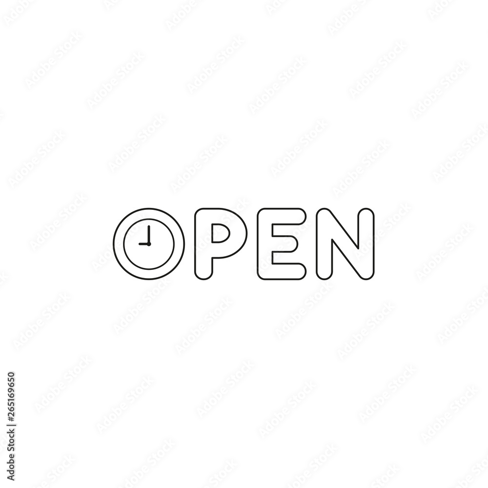 Poster vector icon concept of open text with clock time shows 9 o'clock. black outline.