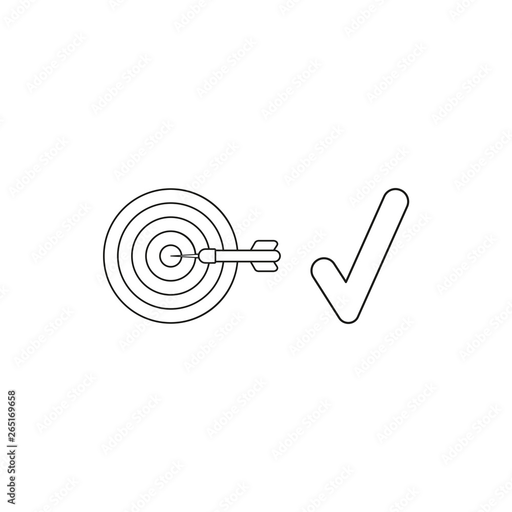 Poster vector icon concept of bulls eye with dart in the center with check mark symbolizes success. black o