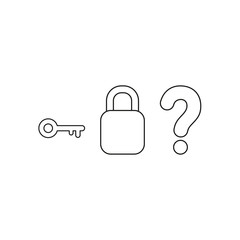 Vector icon concept of key with closed padlock without keyhole and question mark. Black outline.