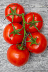 tomatoes on a branch isolated on a wooden background