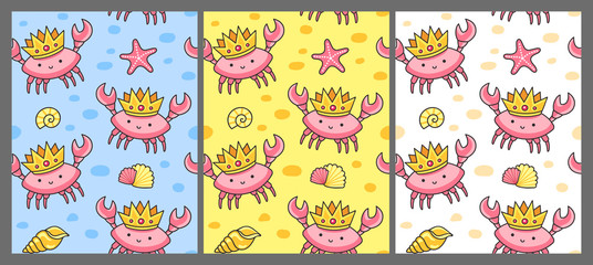 Fototapeta na wymiar Set of seamless pattern with crabs in the crowns. Print for textile, fabric, posters, decor, paper, wallpaper. Vector illustration for kids, children, babies.