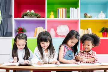 Group of diversity cute kids studying at home, kids education concept