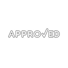 Vector icon concept of approved word with check mark. Black outline.