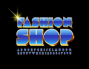 Vector luxury emblem Fashion Shop with creative 3D Font. Golden and Blue stylish Alphabet. Isometric Letters, Numbers and Symbols