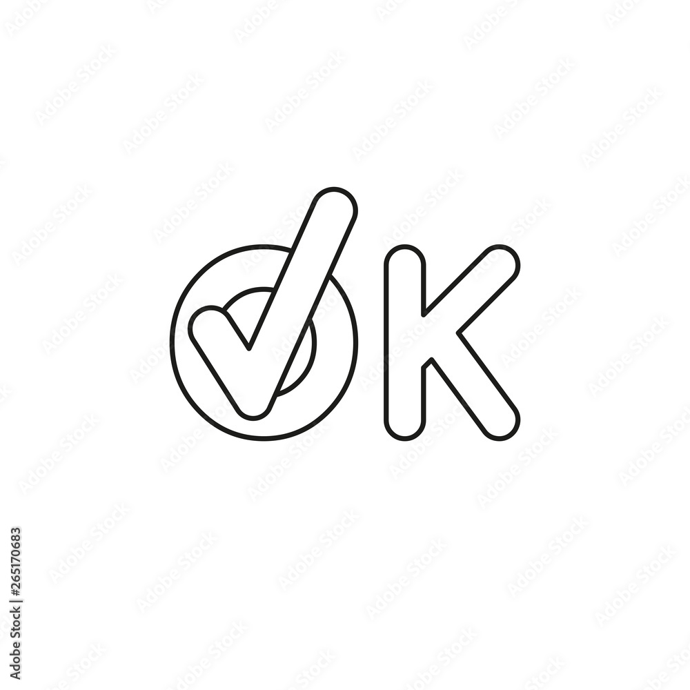 Poster vector icon concept of ok word text with check mark. black outline.