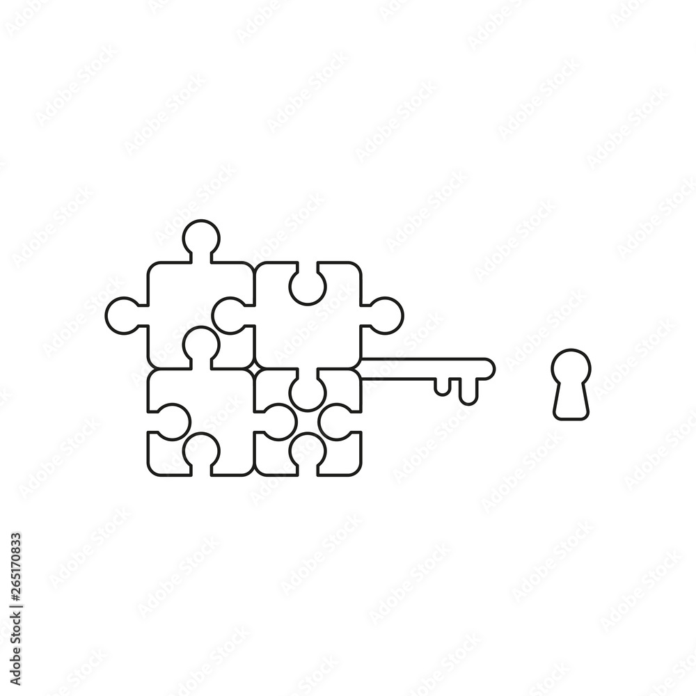 Poster vector icon concept of four part connected jigsaw puzzle pieces key and keyhole. black outline.