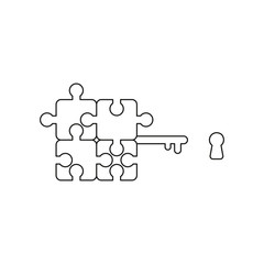 Vector icon concept of four part connected jigsaw puzzle pieces key and keyhole. Black outline.